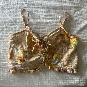 American Eagle Floral Lace-Up Cropped Tank Top - Yellow Festival Hippie Cotton
